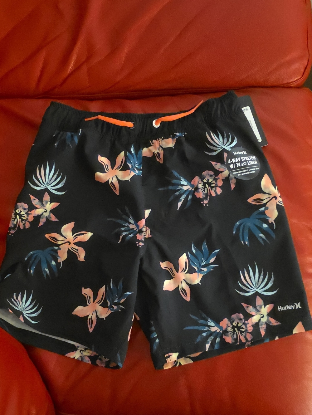 Hurley Kids Black Floral Swim Board Shorts with Peach & Blue Accents. Size S Kid